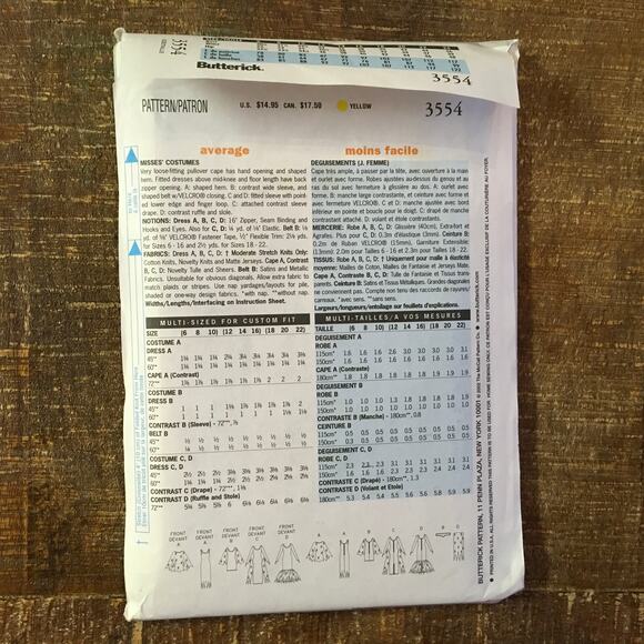 butterick Sewing Pattern 3554 Costume Gothic Morticia Addams Family 6-10 UNCUT - Picture 2 of 3